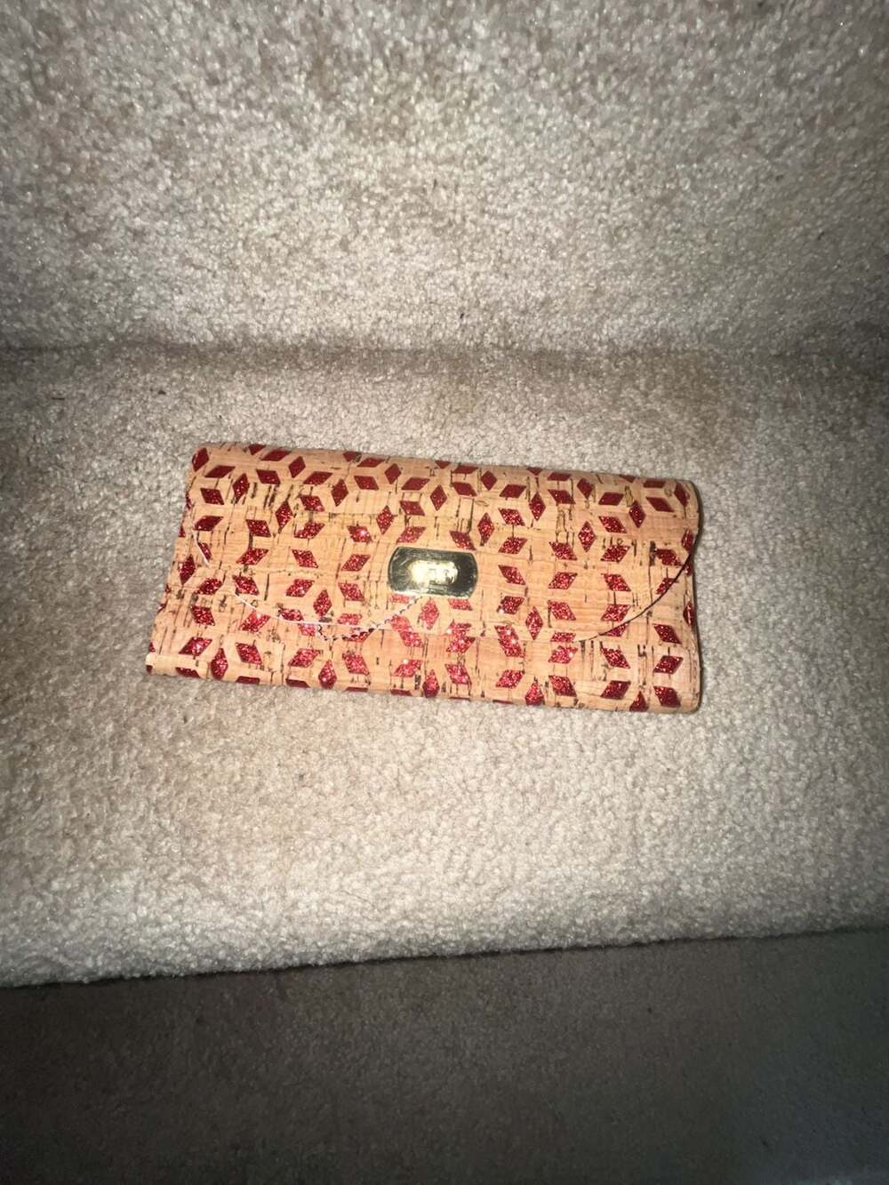 Sallie Tomato Lucky Penny Wallet Red Glitter Diamond Pattern Cork